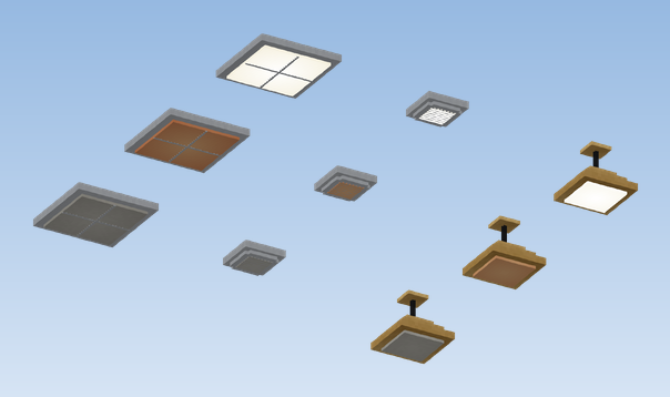 Cabin Light (LED Panel), (Spot) and (Brass Pendant), each on, emergency light and off, seen from below