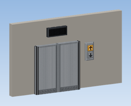 A landing: centre opening steel door, Up/Down Call Panel beside it and a dot matrix indicator centred above
