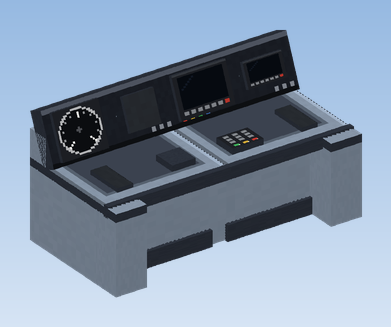 Driver's console, two blocks wide, with round speedometer, signal indicator, timetable display and clock