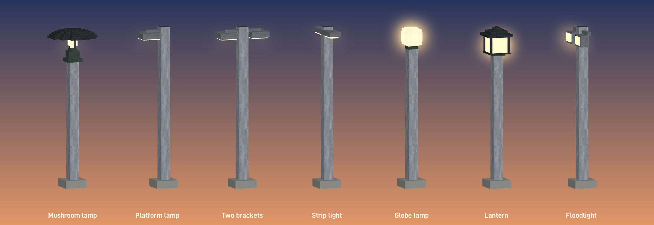 The seven railway lamps: mushroom lamp, platform lamp, two brackets, strip light, globe lamp, lantern, floodlight