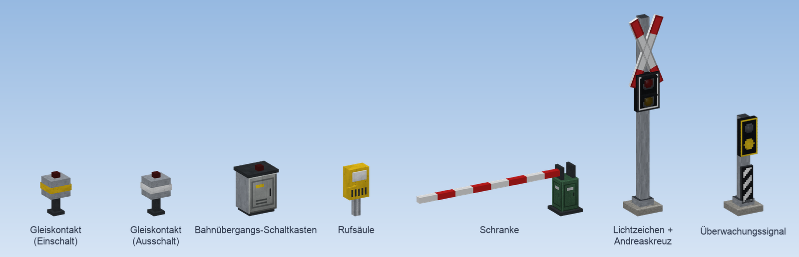 Gleiskontakte, Schaltkasten, Rufsäule, Schranke, Lichtzeichen mit Andreaskreuz und Überwachungssignal