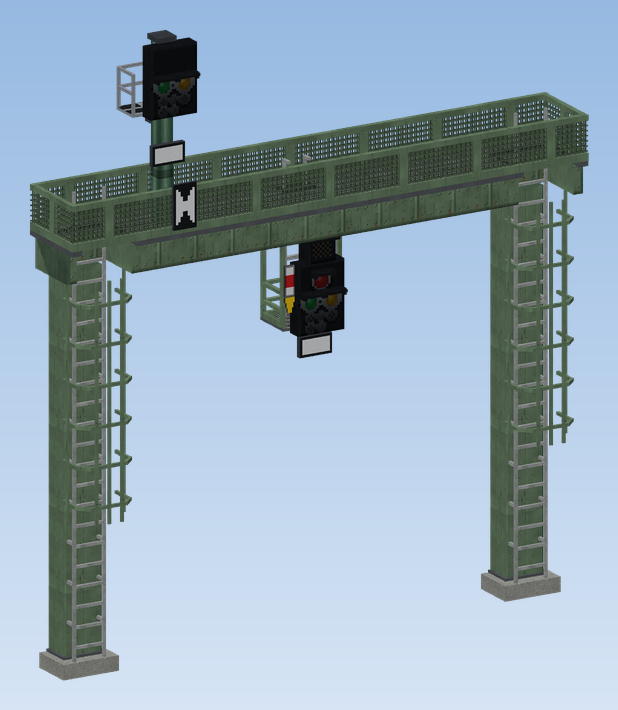 A signal bridge with a hanging combined signal and a distant signal standing on the walkway