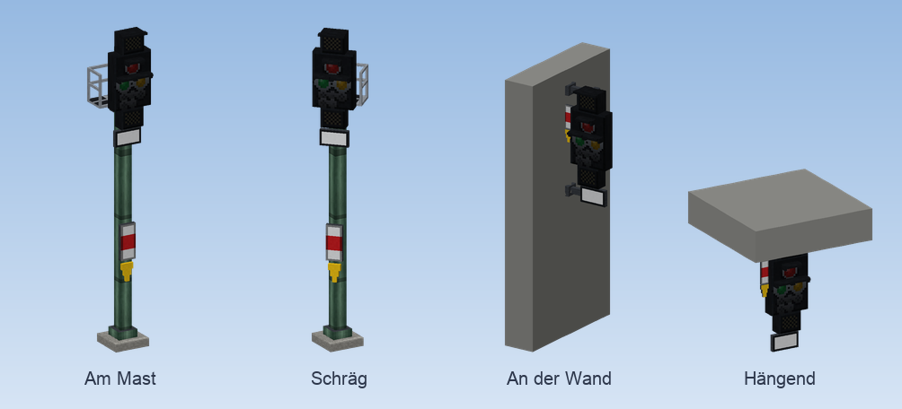 Lichtsignal am Mast, schräg, an der Wand und hängend