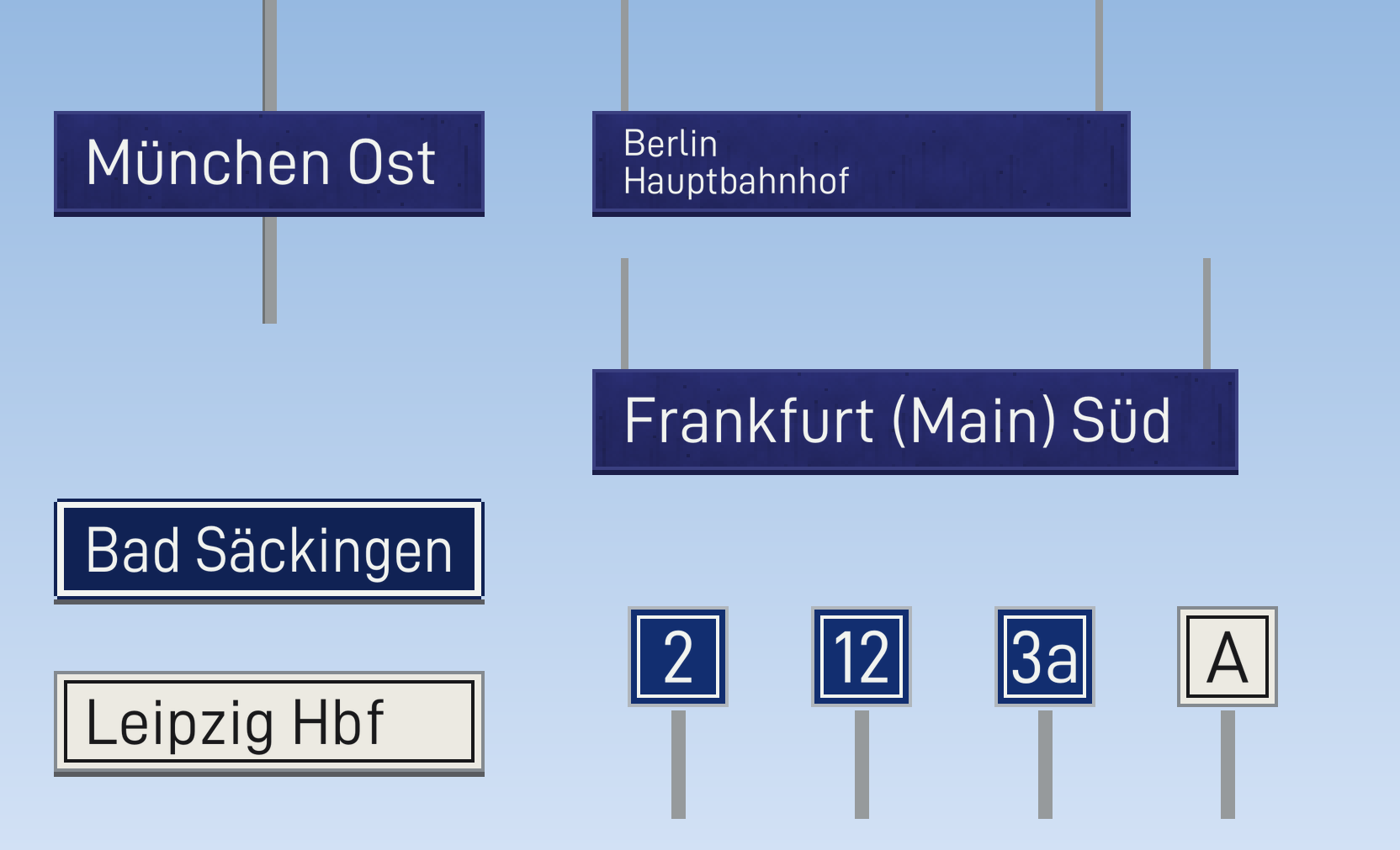 Station name signs in DB blue, enamel and Reichsbahn style, and platform number cubes