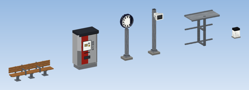 Platform Bench, Ticket Machine, Station Clock, Platform Loudspeaker, Platform Shelter and Kilometre Stone