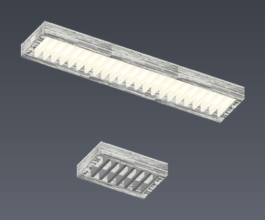Louvre Ceiling Lights seen from below: a row of three lit, one single light switched off