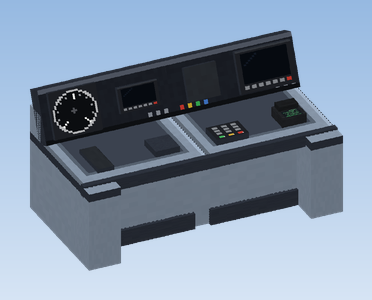 Two consoles side by side: speedometer, clock, signal indicator and timetable display above, devices on the desk