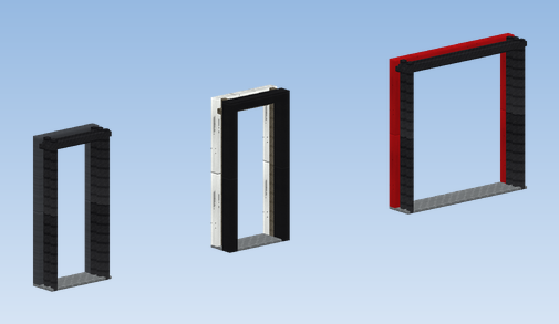 Gangway cells: bellows in black, UIC rubber roll with light grey frame, and a passage two by two with traffic red frame