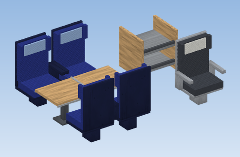 Seating bay with second-class seats and table, luggage rack and a first-class seat